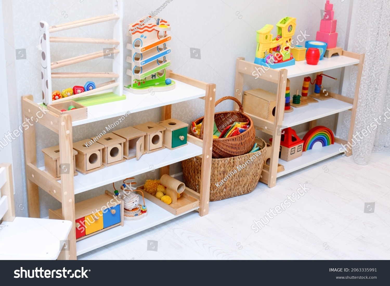 Stock Photo Montessori Material Kindergarten Preschool Classroom Interior Wooden Furniture And Toys Didactic 2063335991